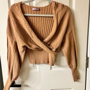 Tan cropped cable knit sweater